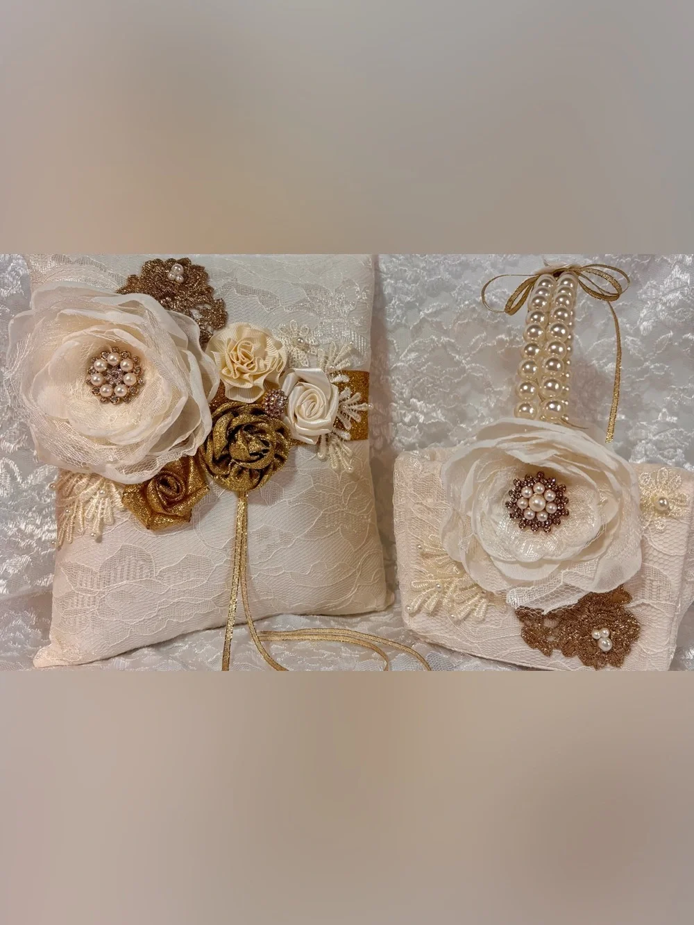 🌸 Handmade Ivory, Cream and Gold Ring Pillow and Flower Basket
